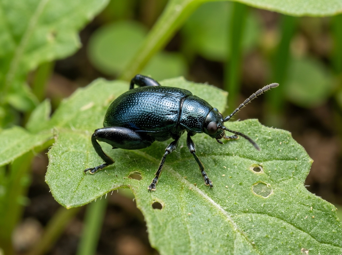 A close-up of a crucifer flea beetle on a leaf showing its shiny black shell and jumping legs - lavender flea beetle control
