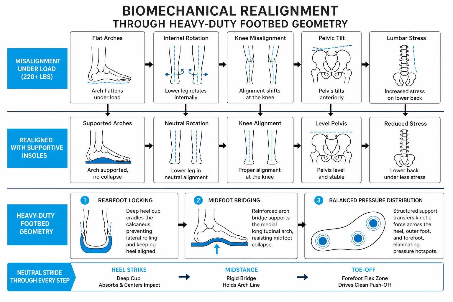 Biomechanical realignment through heavy-duty footbed geometry Biomechanical realignment through heavy-duty footbed geometry