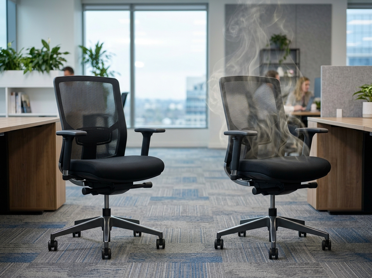 Visualization of chemical off-gassing from a standard office chair vs a clean air environment - non toxic ergonomic office