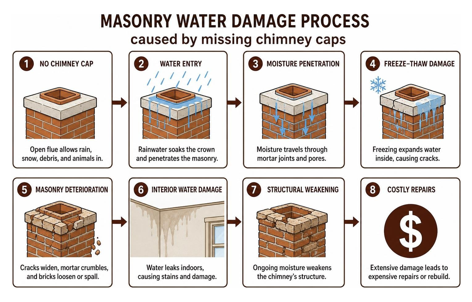 Masonry water damage process caused by missing chimney caps