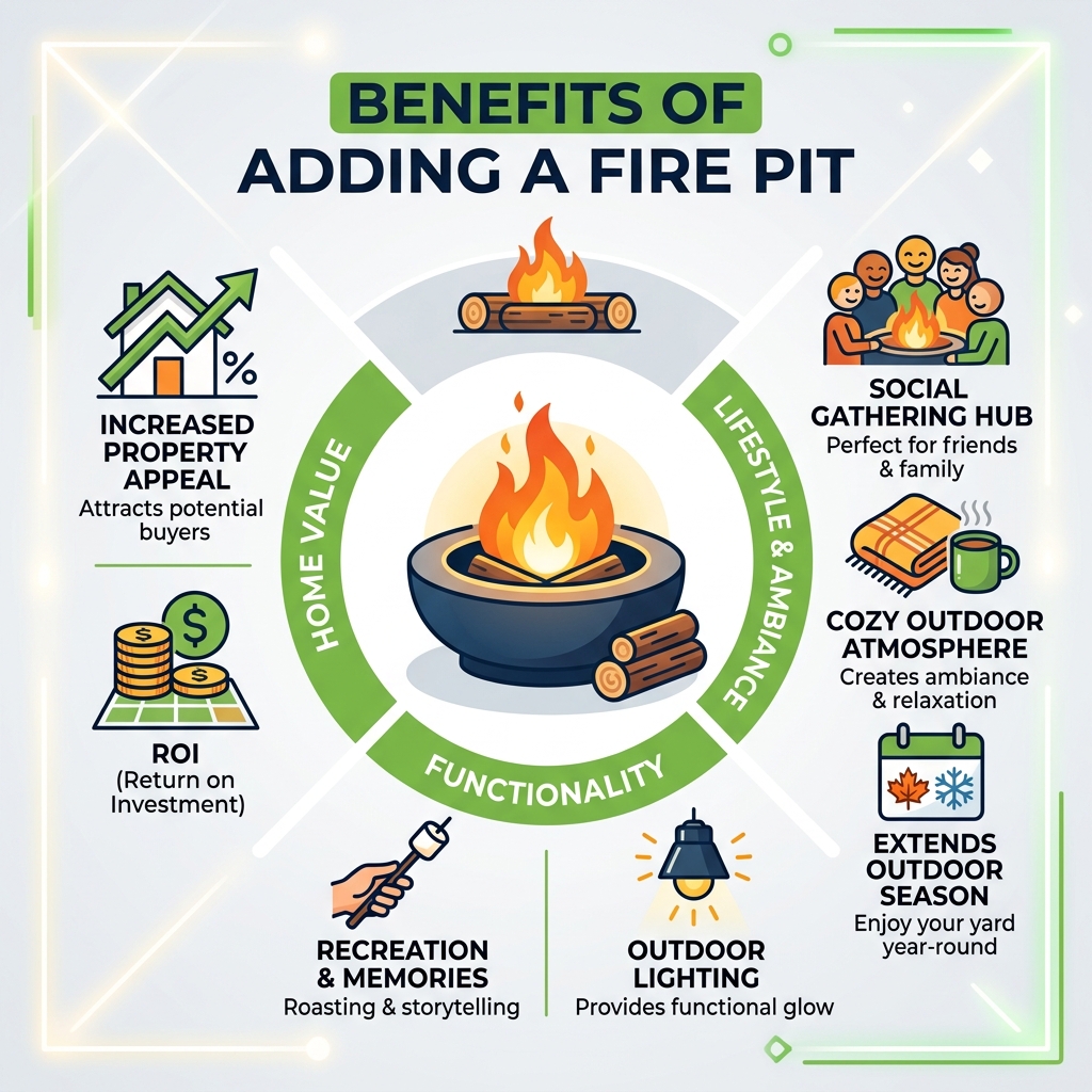 Benefits of adding a fire pit to your home value and lifestyle - backyard fire pit ideas infographic 