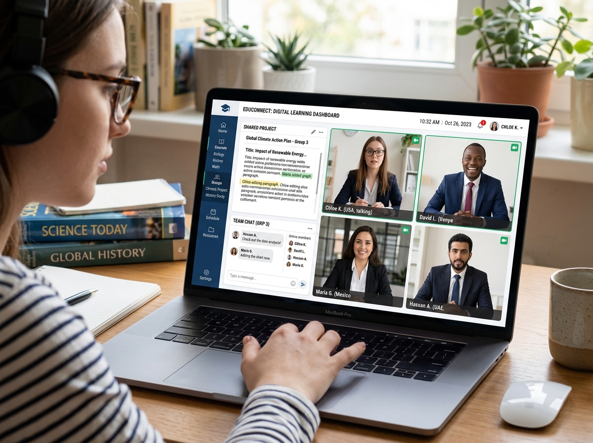 Digital learning dashboard with students collaborating online - benefits of online study communities for academic success Digital learning dashboard with students collaborating online - benefits of online study communities for academic success
