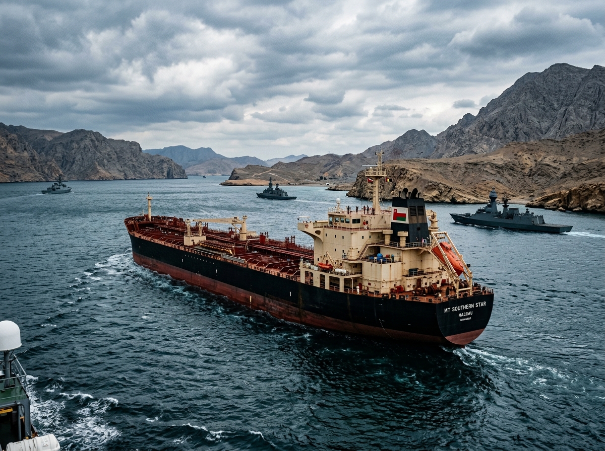 Oil tanker navigating the strategically vital Strait of Hormuz amid geopolitical tensions - business news today headlines in