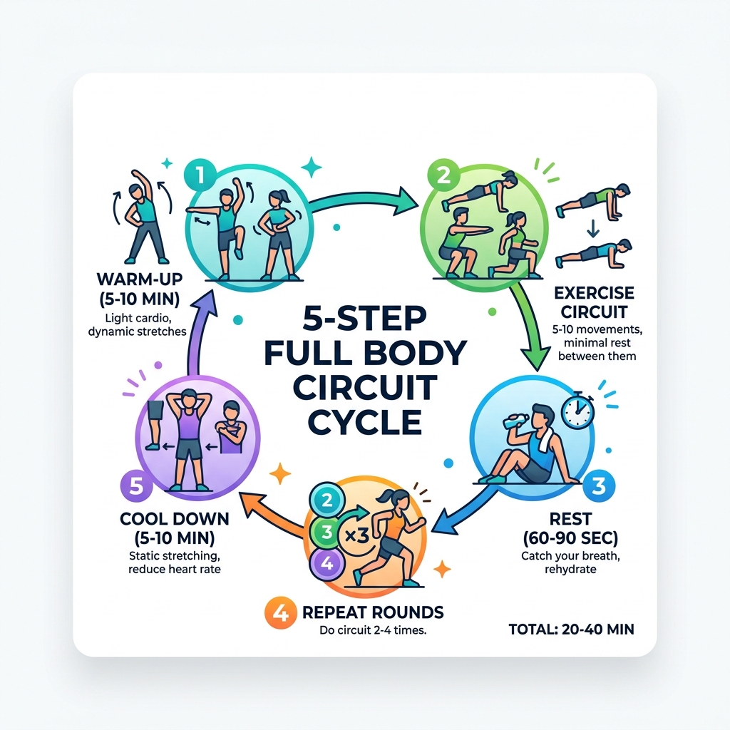 5-step full body circuit training cycle: warm up, exercise circuit, rest, repeat rounds, cool down - full body circuit at 5-step full body circuit training cycle: warm up, exercise circuit, rest, repeat rounds, cool down - full body circuit at