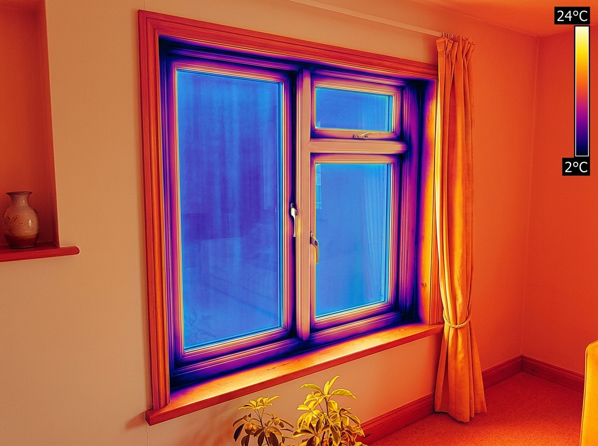 Thermal camera image showing purple and blue cold spots around a window frame - upvc window draught Thermal camera image showing purple and blue cold spots around a window frame - upvc window draught