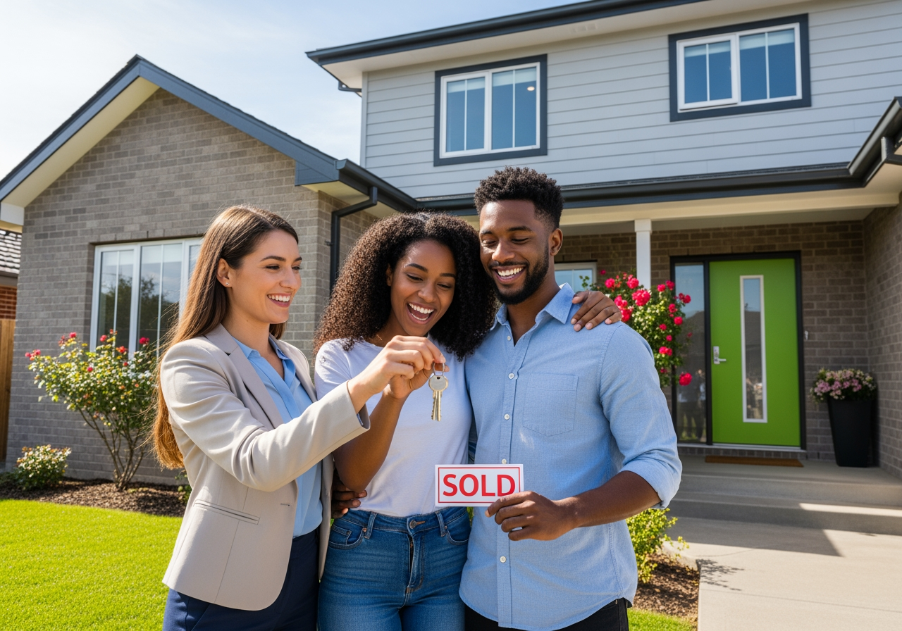A young couple receiving keys to a new home - Modern Real Estate Market