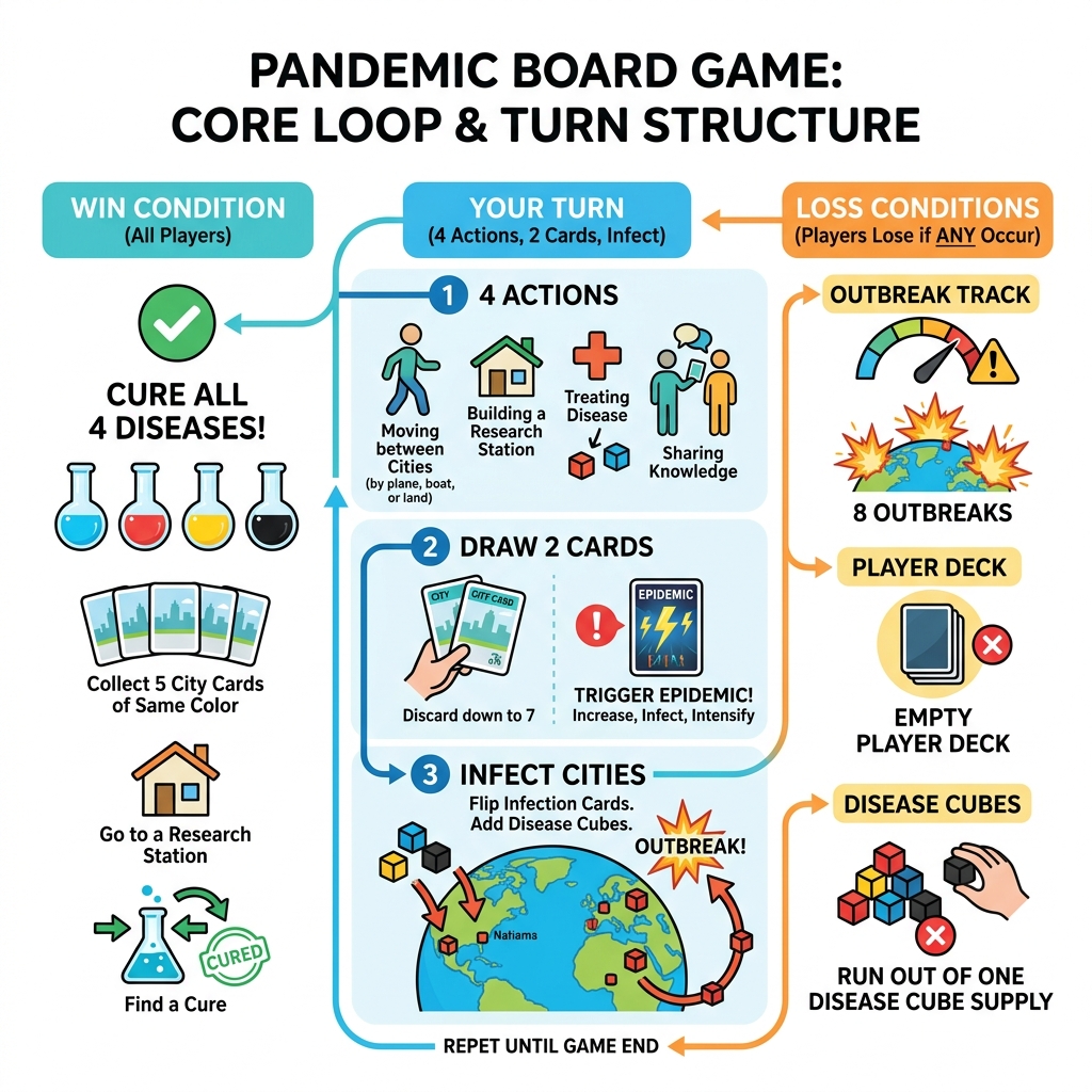 Pandemic board game core loop infographic showing turn structure, win and loss conditions - pandemic board game guide