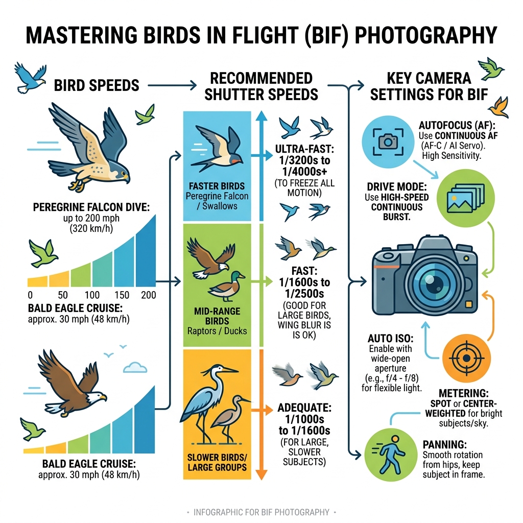 Infographic showing bird flight speeds, recommended shutter speeds, and key camera settings for BIF photography - birds in