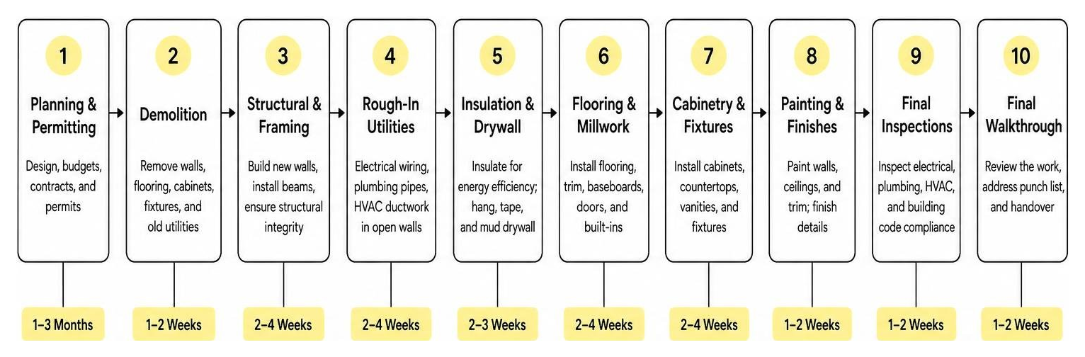 diagram of the whole house renovation timeline from demolition to final walkthrough