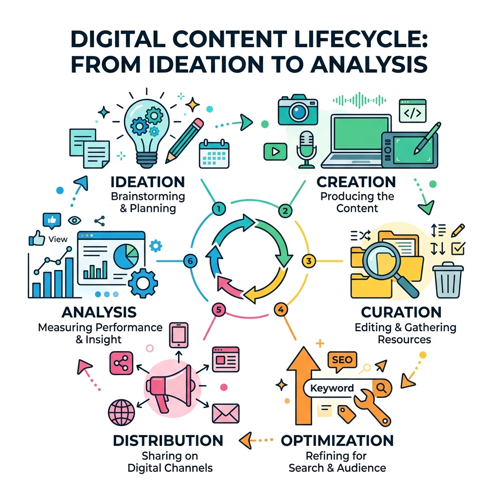 explaining the digital content lifecycle from ideation to analysis - digital content creation infographic