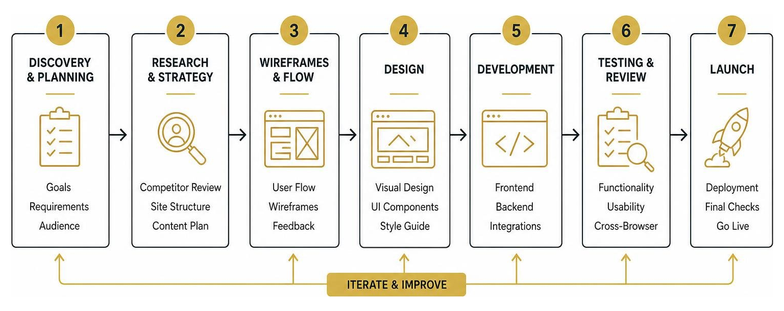 Website creation workflow diagram from discovery to launch Website creation workflow diagram from discovery to launch