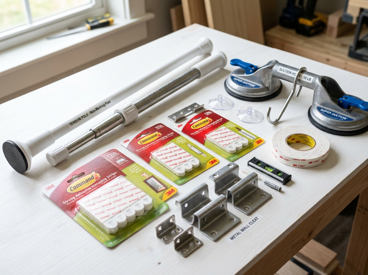 Close up of various no-drill shelf components like adhesive strips and tension poles - drill free wall shelves Close up of various no-drill shelf components like adhesive strips and tension poles - drill free wall shelves