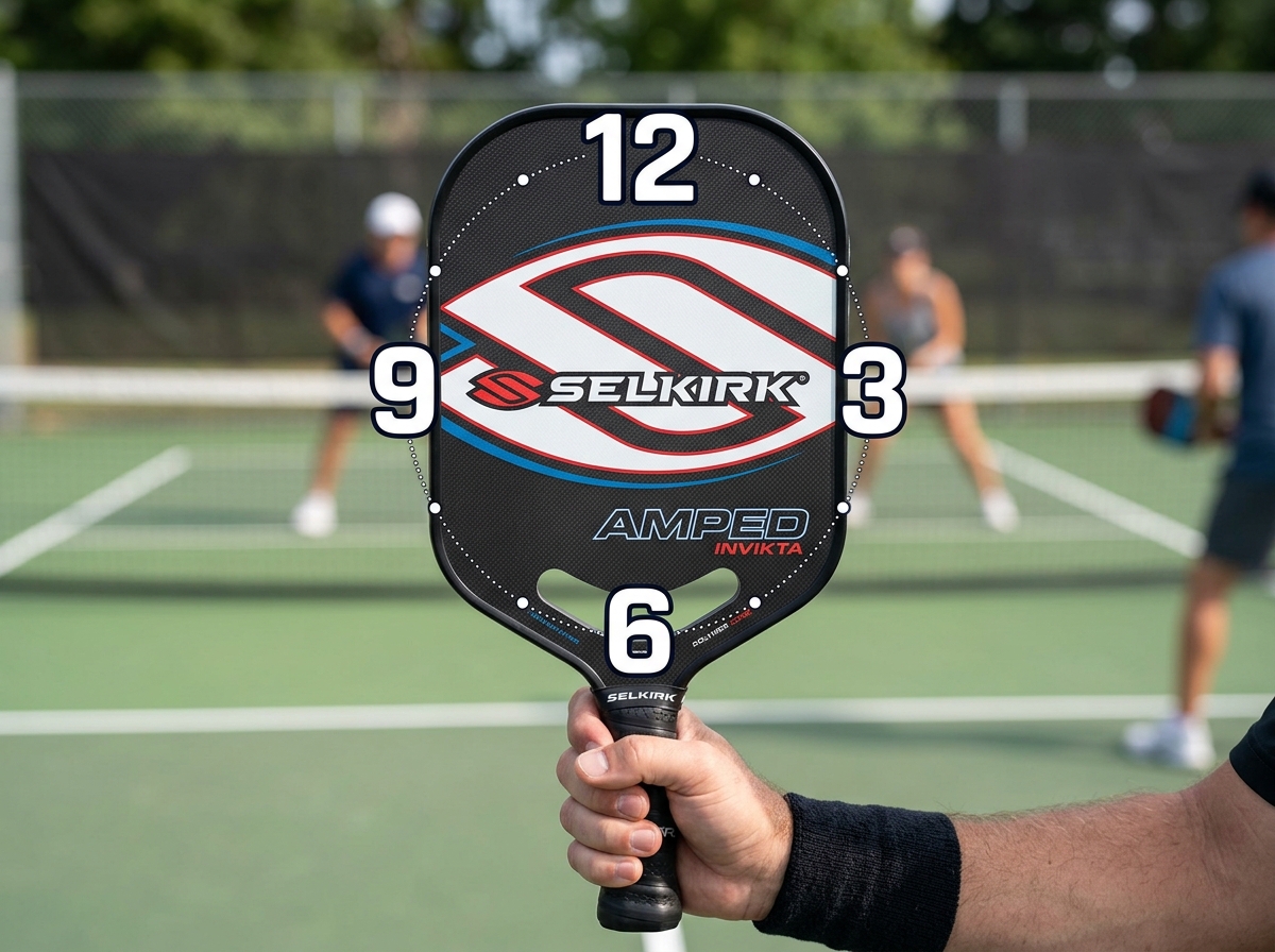 Graphic of a pickleball paddle face showing the clock positions 12, 3, 6, and 9 o'clock - pickleball paddle lead tape