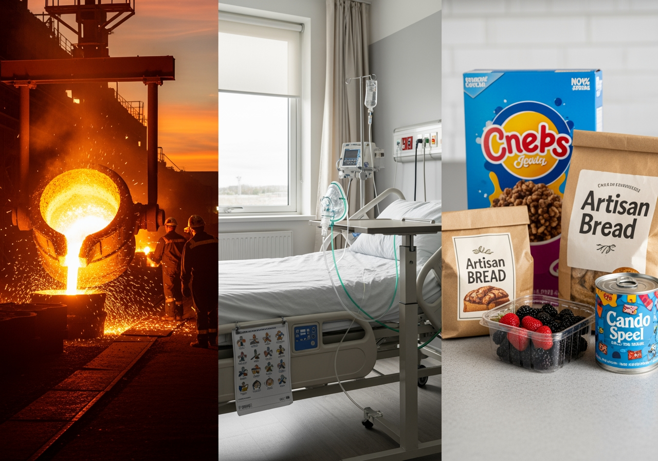 Collage showing various industry applications: a steel mill, a hospital room with oxygen supply, and food packaging - Air separation equipment