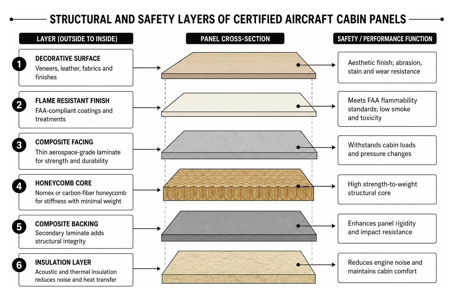 Structural and safety layers of certified aircraft cabin panels Structural and safety layers of certified aircraft cabin panels