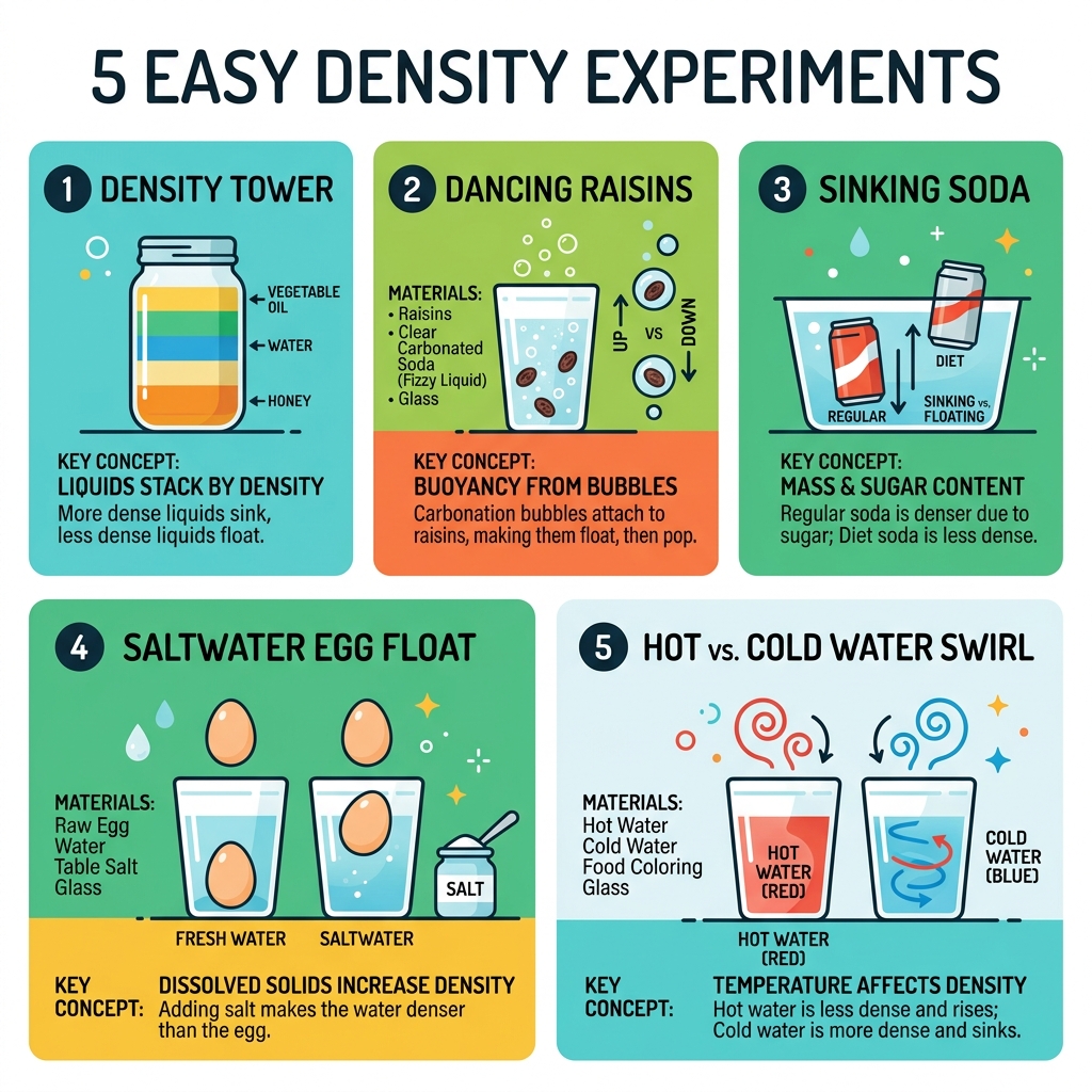 Infographic showing 5 easy density experiments with materials and key concepts - easy density experiments infographic 