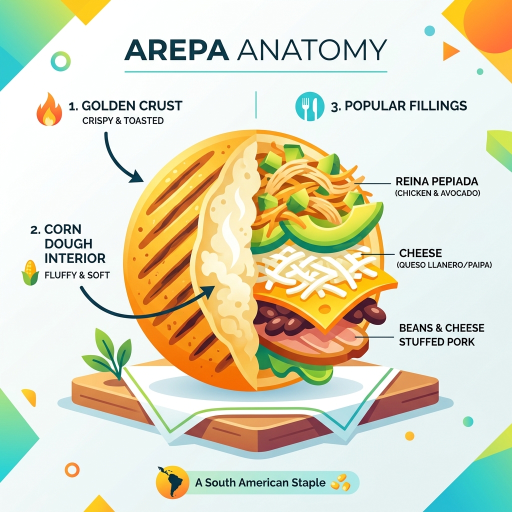 Infographic showing arepa anatomy: golden crust, corn dough interior, and popular fillings like cheese and chicken - arepa