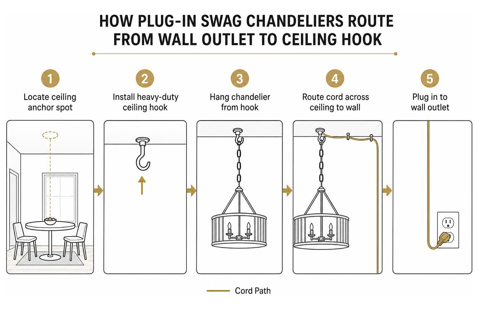 Diagram showing how plug-in swag chandeliers route from wall outlet to ceiling hook Diagram showing how plug-in swag chandeliers route from wall outlet to ceiling hook