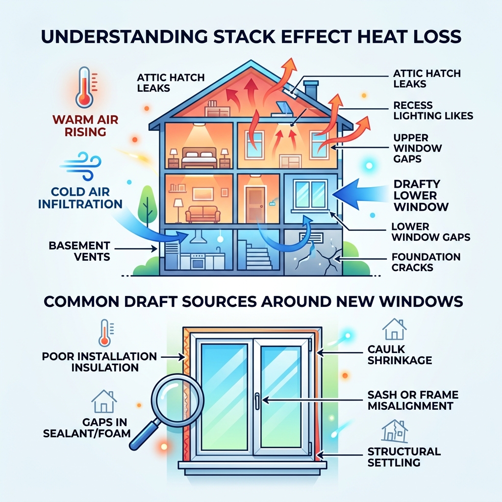 infographic showing stack effect heat loss and common draft sources around new windows - draft coming through new windows infographic showing stack effect heat loss and common draft sources around new windows - draft coming through new windows