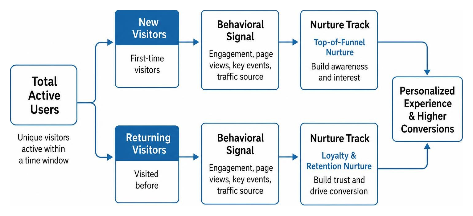 Process of segmenting new vs returning visitors into behavioral nurture tracks Process of segmenting new vs returning visitors into behavioral nurture tracks