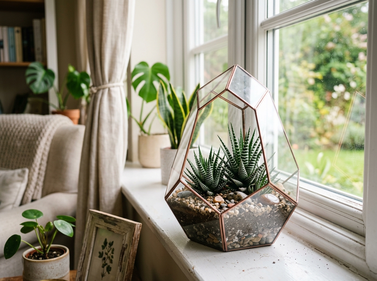 Bright indirect sunlight hitting a glass terrarium with zebra succulents - haworthia terrarium zebra plants