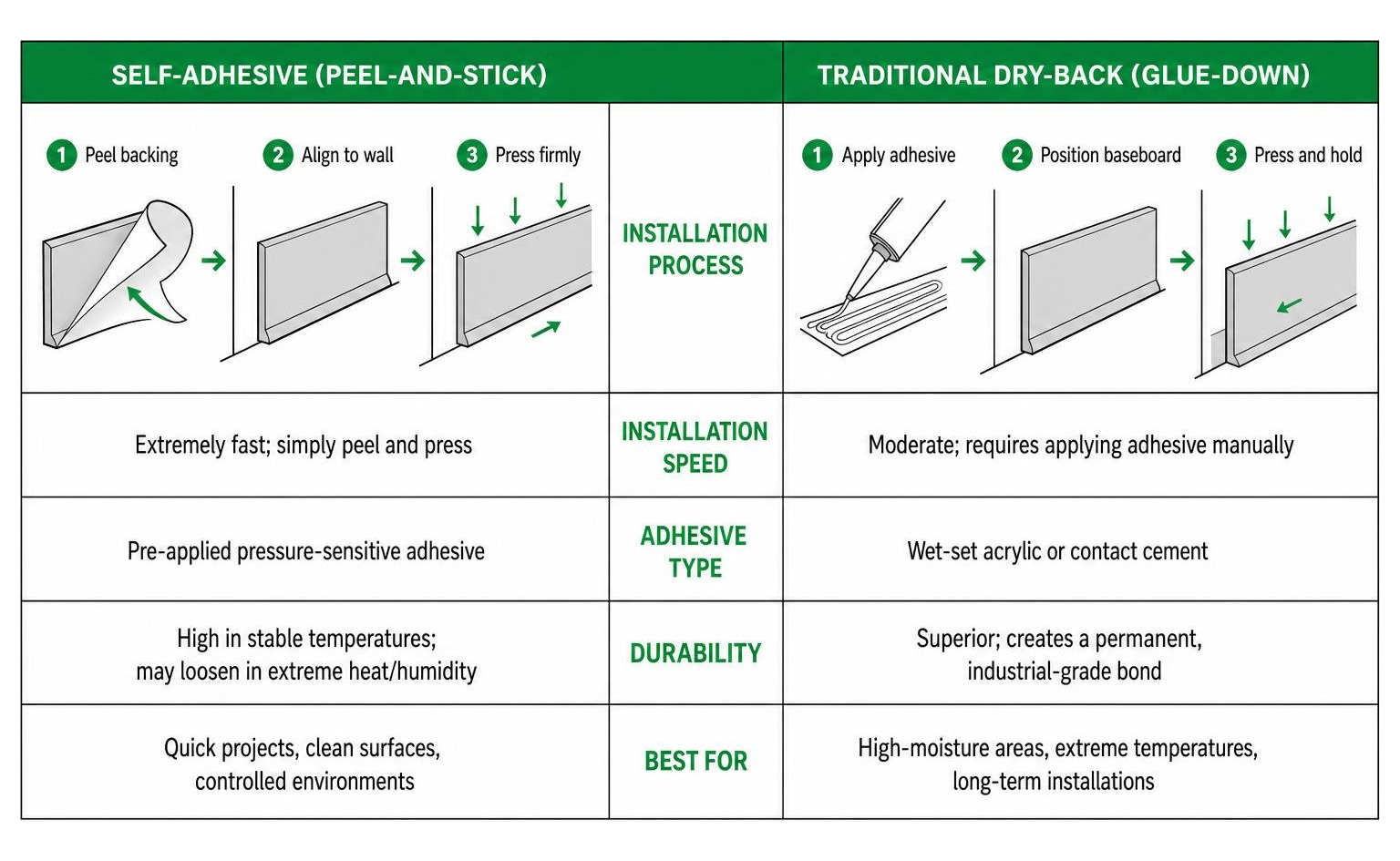 Comparison diagram of self-adhesive versus dry-back vinyl baseboard installation Comparison diagram of self-adhesive versus dry-back vinyl baseboard installation