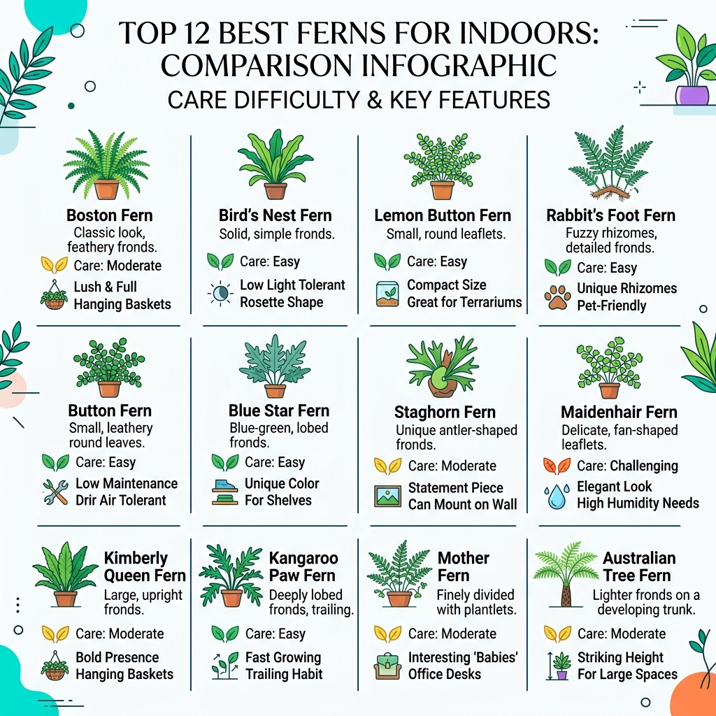 Top 12 best ferns for indoors comparison infographic with care difficulty and key features - best fern for indoors Top 12 best ferns for indoors comparison infographic with care difficulty and key features - best fern for indoors