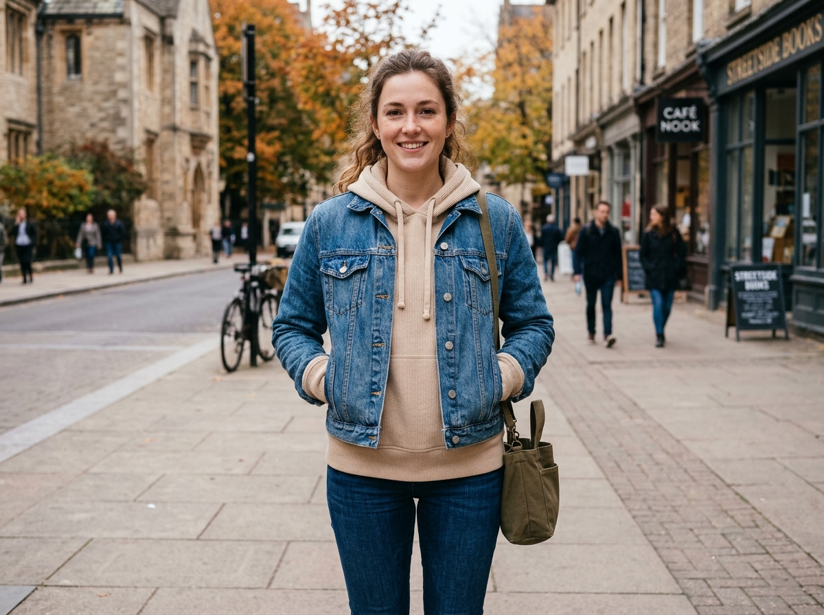 A beige hoodie layered under a denim jacket for a classic casual look - beige colour hoodie A beige hoodie layered under a denim jacket for a classic casual look - beige colour hoodie