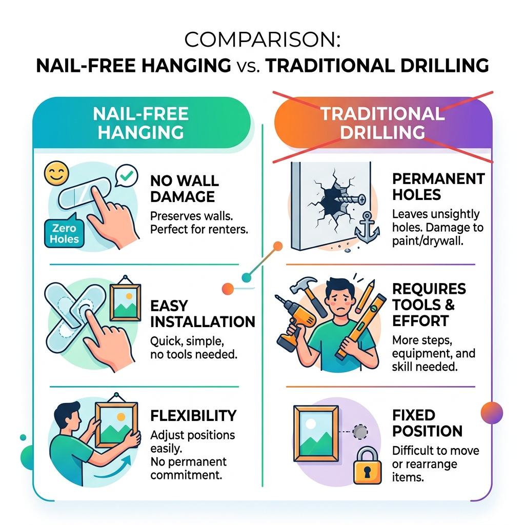 Benefits of nail-free hanging vs traditional drilling comparison infographic - hang pictures without nails infographic 