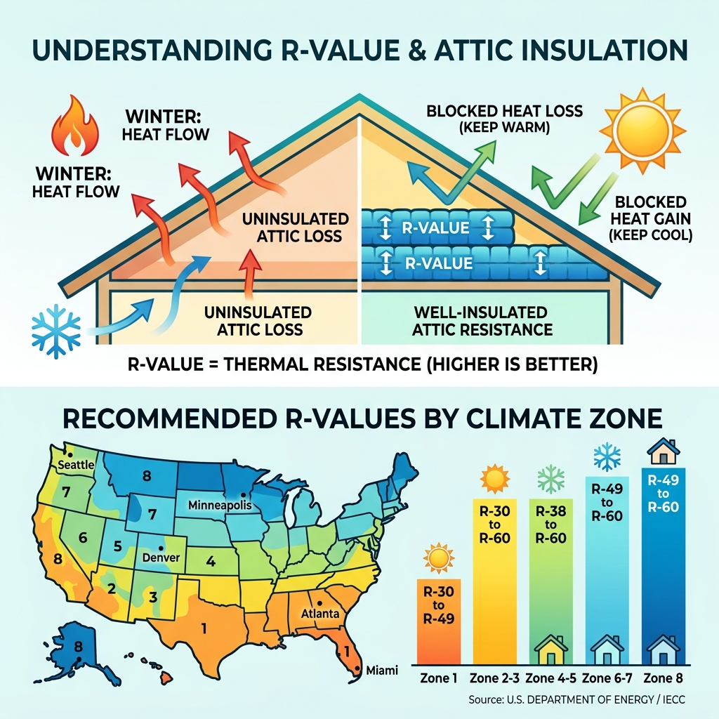 R-value basics infographic showing heat flow through attic, climate zones, and recommended R-value ranges - attic insulation