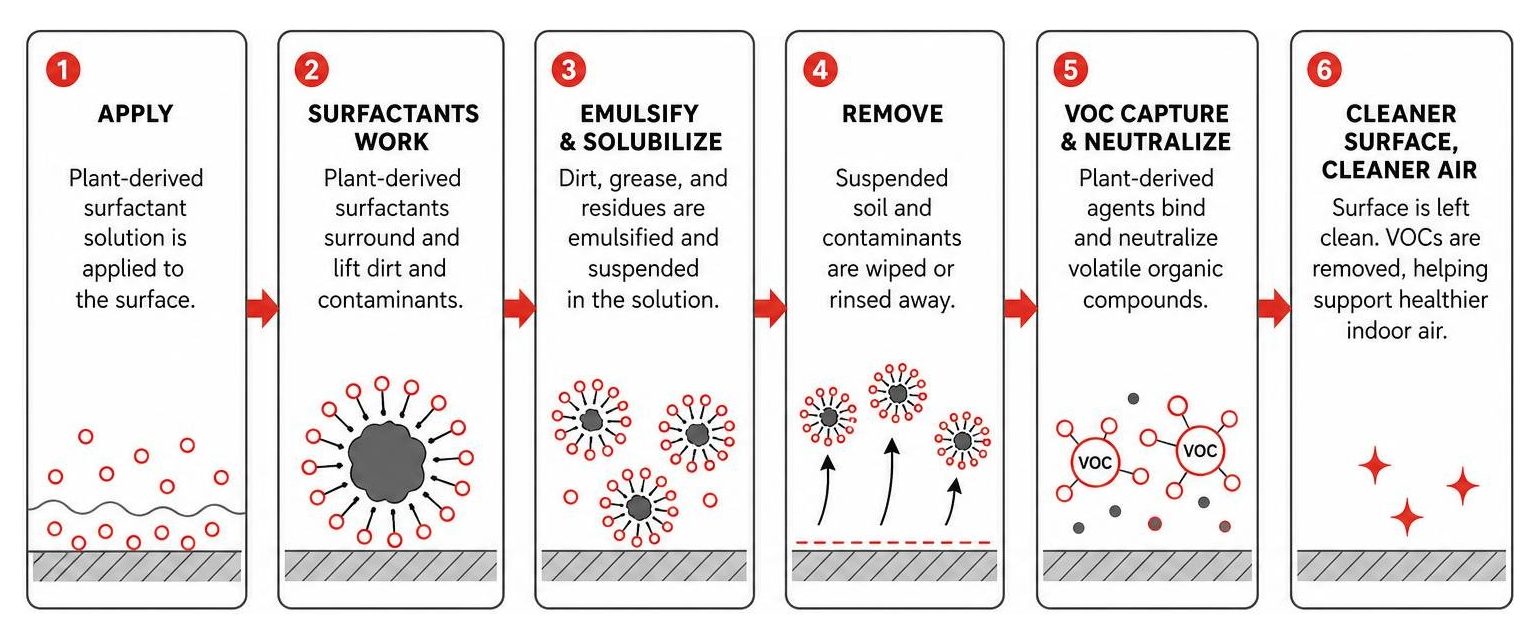 process diagram showing how plant derived surfactants remove dirt and volatile organic compounds from commercial surfaces