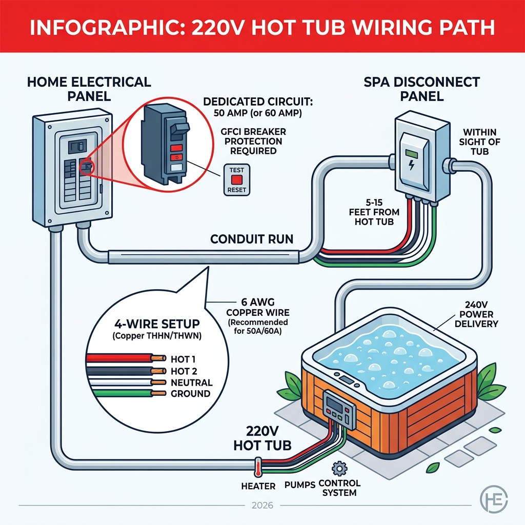 Infographic: electrical panel to hot tub wiring path showing wire gauge, GFCI breaker, spa disconnect, and 4-wire setup Infographic: electrical panel to hot tub wiring path showing wire gauge, GFCI breaker, spa disconnect, and 4-wire setup