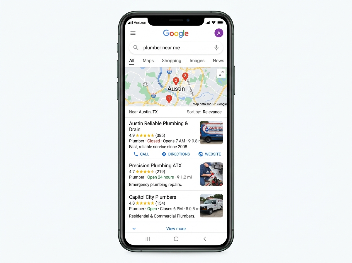 The Google Local Pack showing the top 3 plumbing results for a local search - local seo for plumbers
