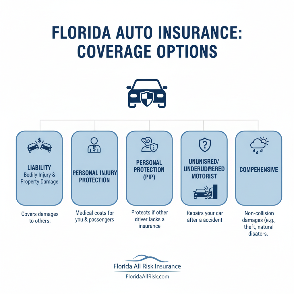 Infographic detailing typical auto insurance coverage options available through Florida All Risk Insurance, including Liability (Bodily Injury, Property Damage), Personal Injury Protection (PIP), Uninsured/Underinsured Motorist, Collision, and Comprehensive coverage, with brief descriptions of each. - Car insurance broker St Petersburg FL infographic 