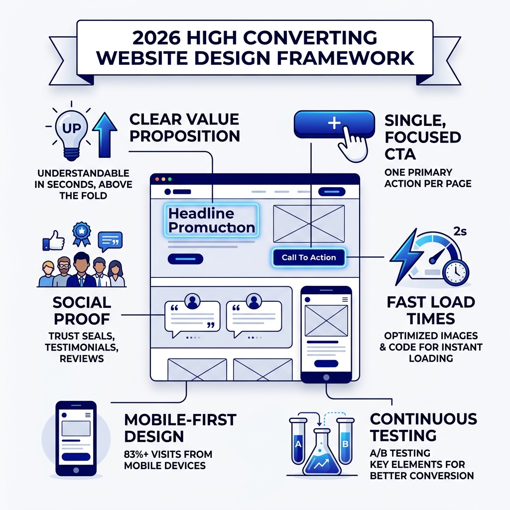 Infographic showing 2026 high converting website design framework: value prop, CTA, social proof, speed, mobile, testing