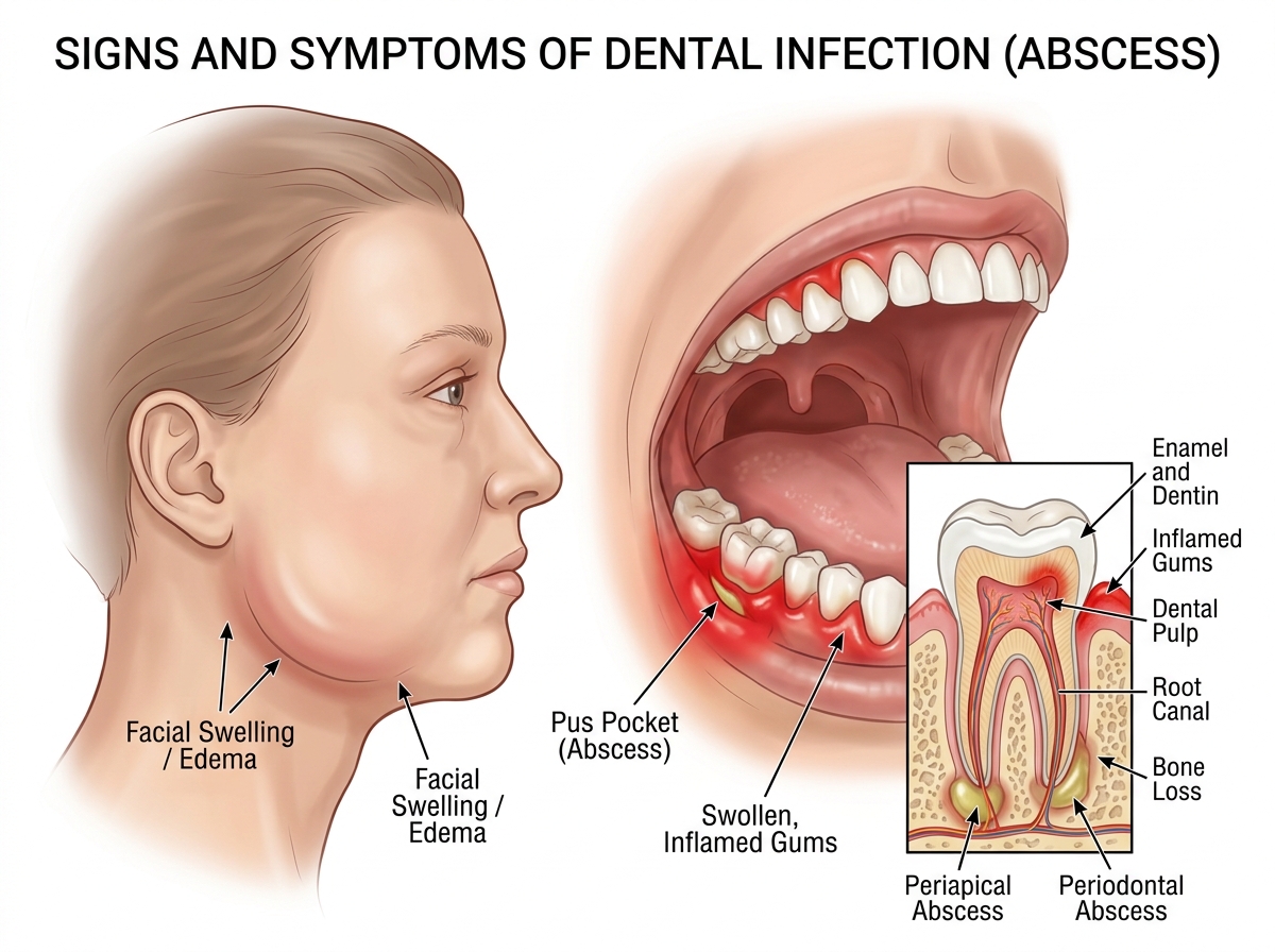 Illustration showing signs of dental infection like gum redness and facial swelling - Emergency dentist near me Illustration showing signs of dental infection like gum redness and facial swelling - Emergency dentist near me