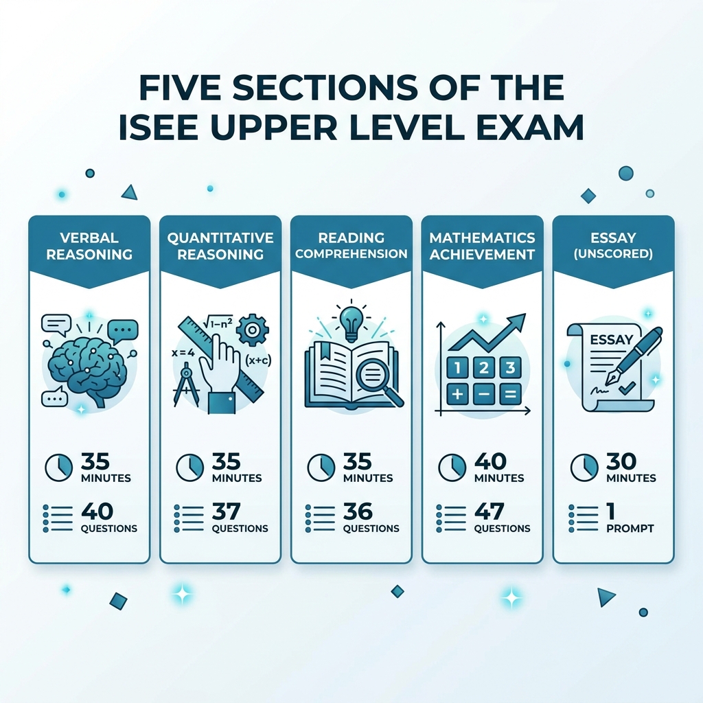 Five sections of the ISEE Upper Level exam with question counts and time limits infographic - isee upper level practice test