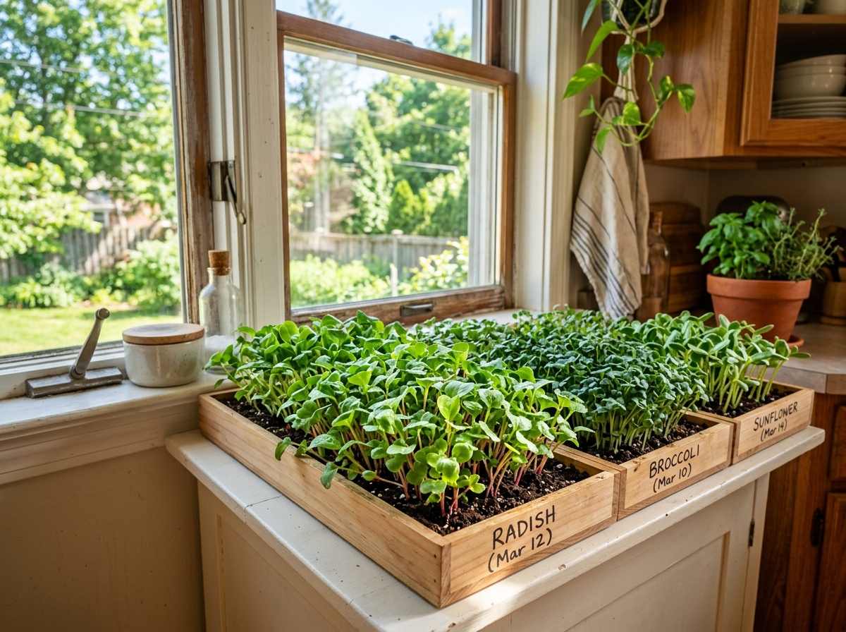 home-grown microgreens on a kitchen windowsill - grow microgreens in soil
