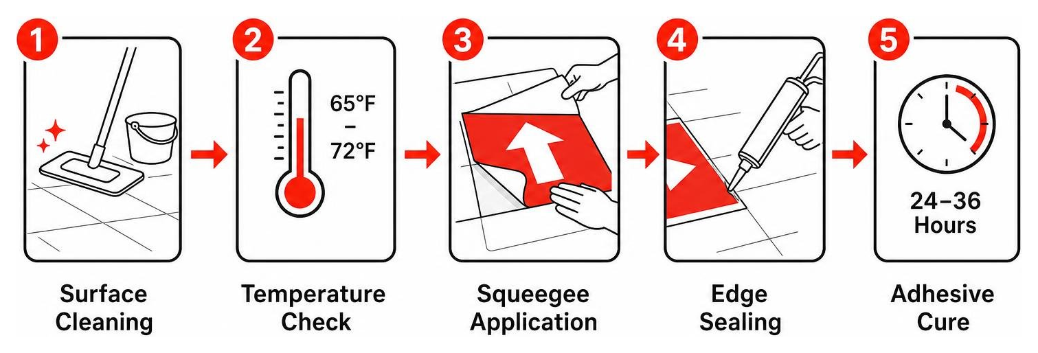 Step-by-step installation process: surface cleaning, temperature check, squeegee application, edge sealing, adhesive cure Step-by-step installation process: surface cleaning, temperature check, squeegee application, edge sealing, adhesive cure