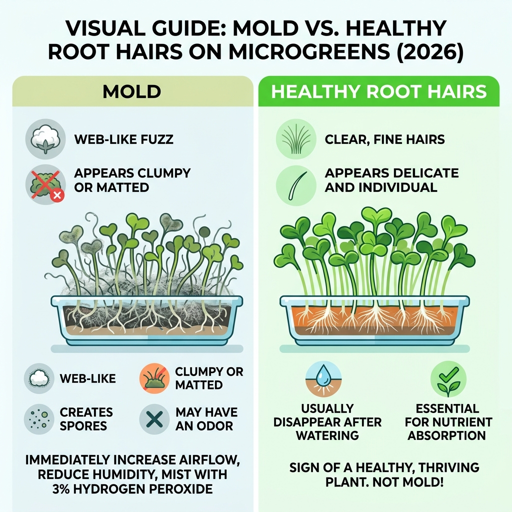 infographic showing the visual differences between mold and healthy root hairs - humidity control microgreens growth