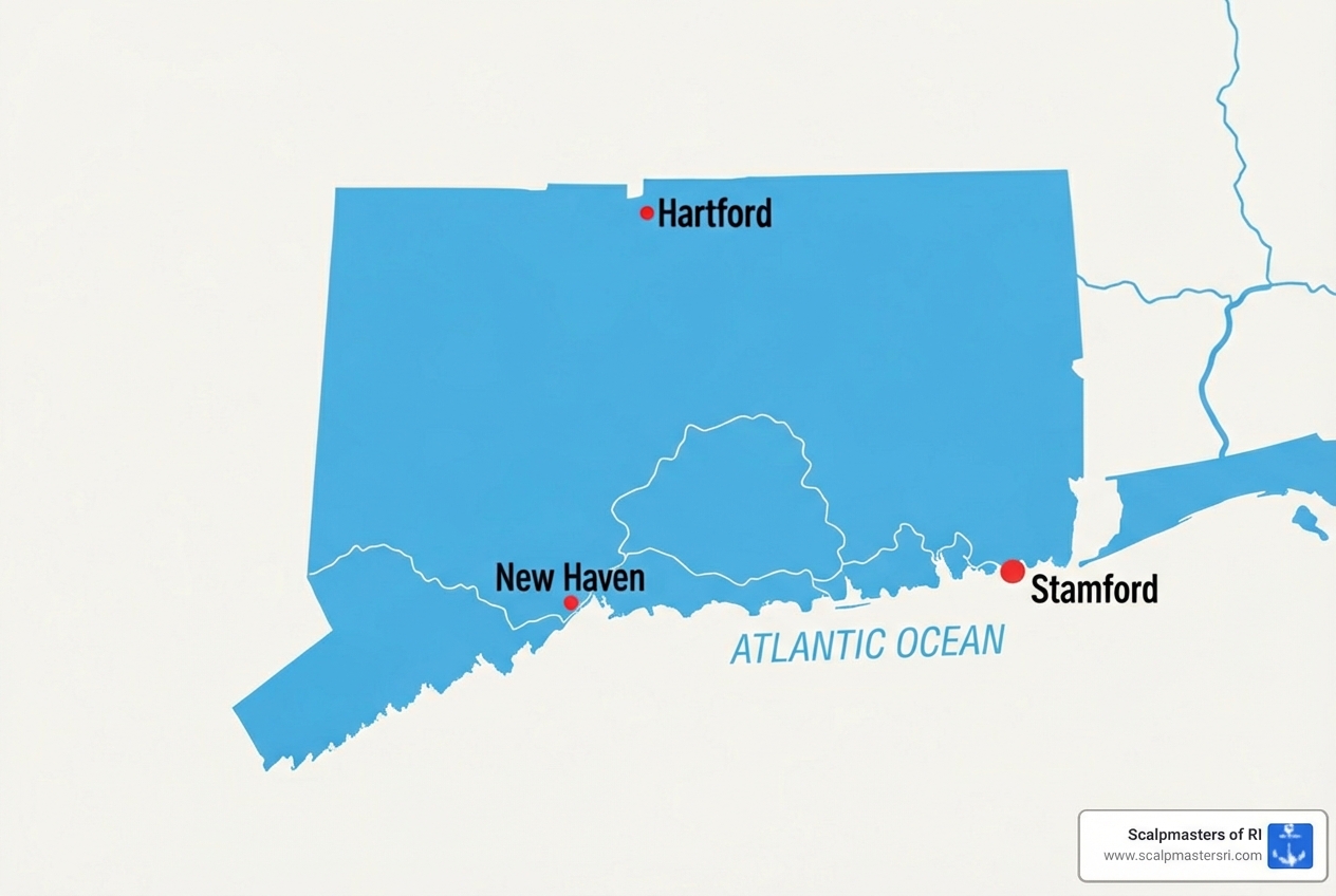 Map of Connecticut highlighting major cities like Hartford, New Haven, and Stamford - scalp micropigmentation connecticut Map of Connecticut highlighting major cities like Hartford, New Haven, and Stamford - scalp micropigmentation connecticut
