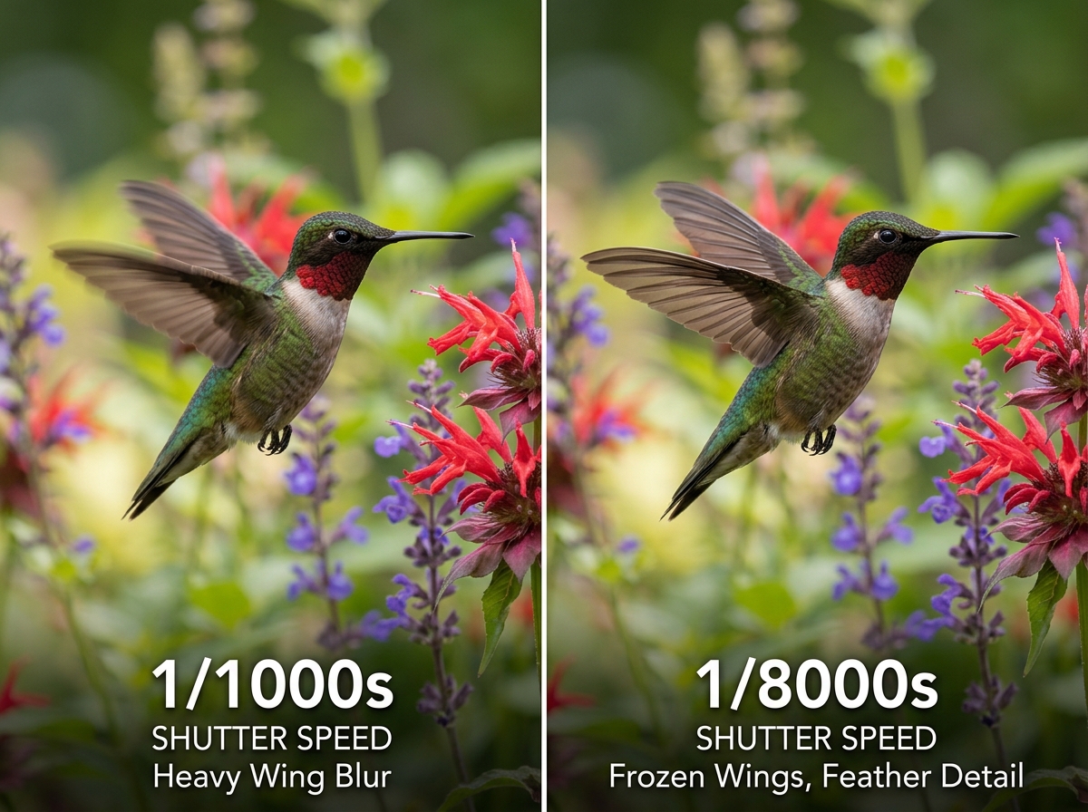 Side-by-side comparison of 1/1000s wing blur versus 1/8000s frozen wing motion - best camera settings for hummingbird