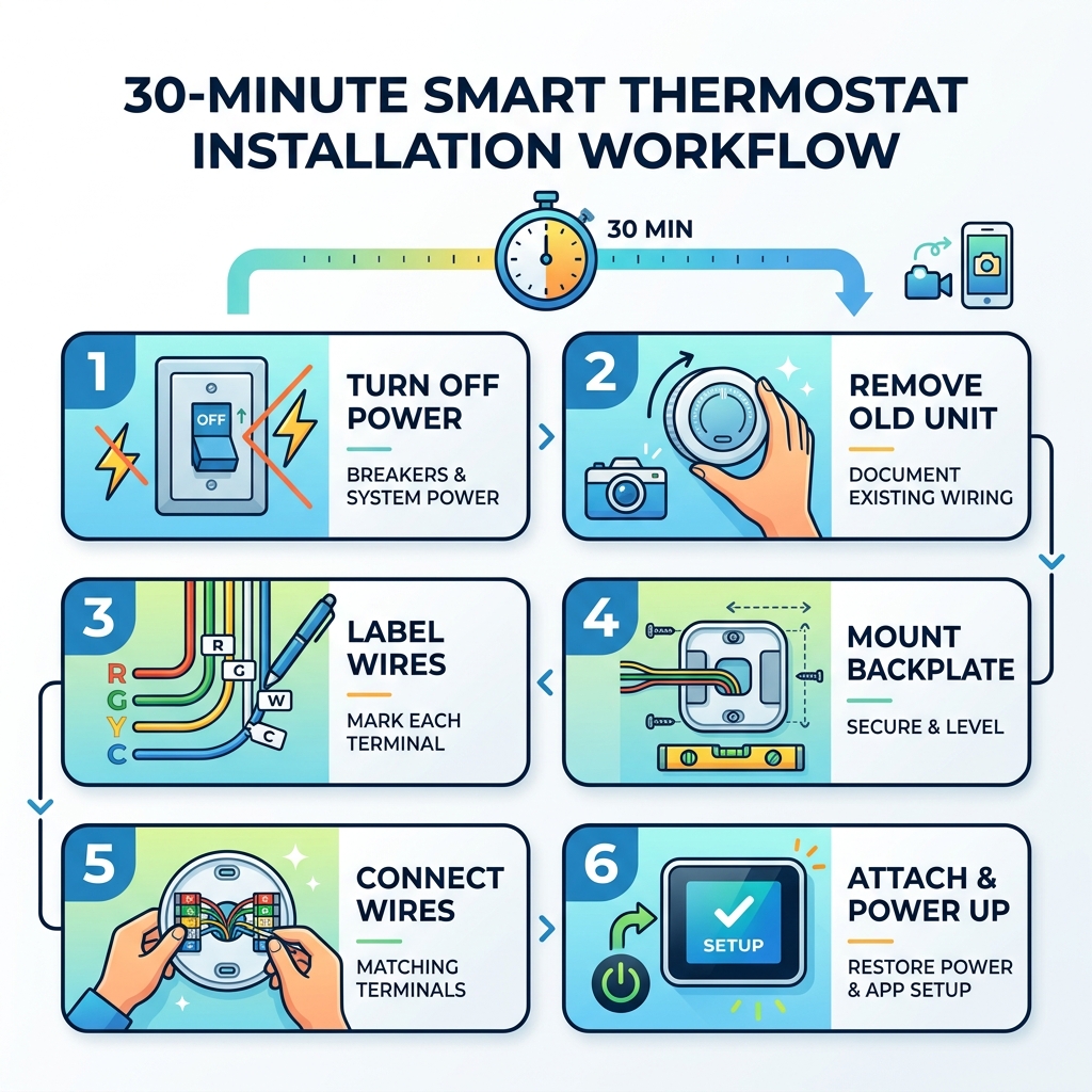 30-minute smart thermostat installation workflow infographic - smart thermostat installation guide infographic 30-minute smart thermostat installation workflow infographic - smart thermostat installation guide infographic