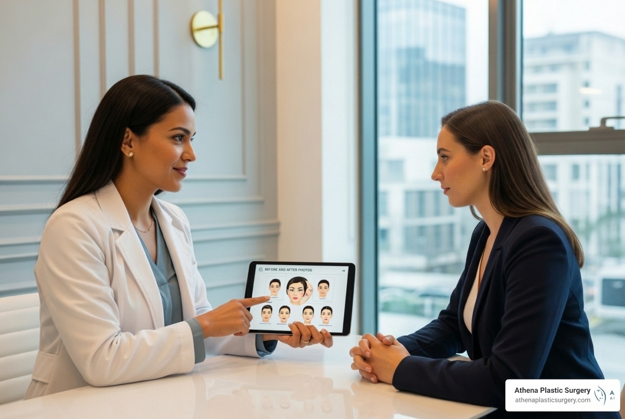 A practitioner consulting with a patient about facial aesthetic options - collagen threads for wrinkles