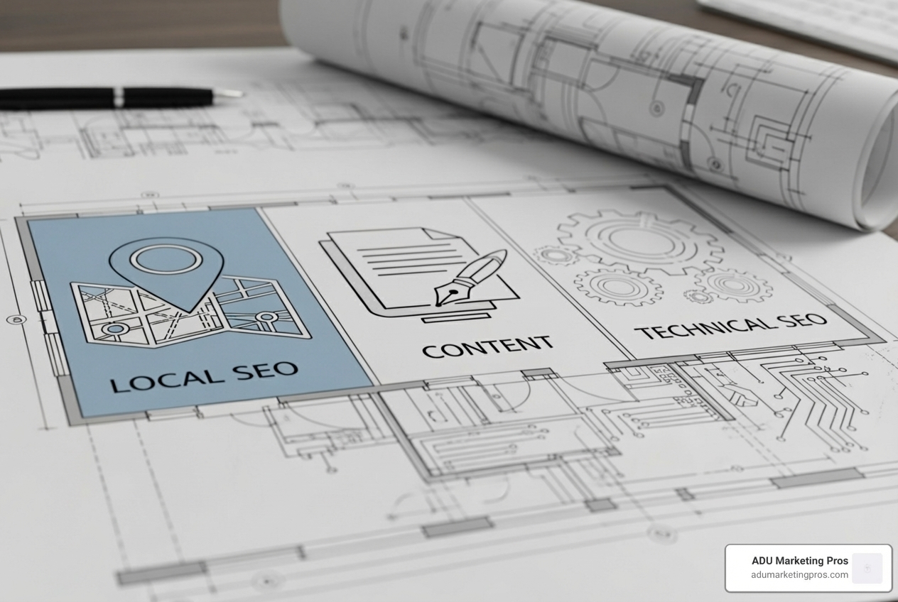 A construction blueprint that has sections labeled "Local SEO," "Content," and "Technical SEO." - ADU SEO services