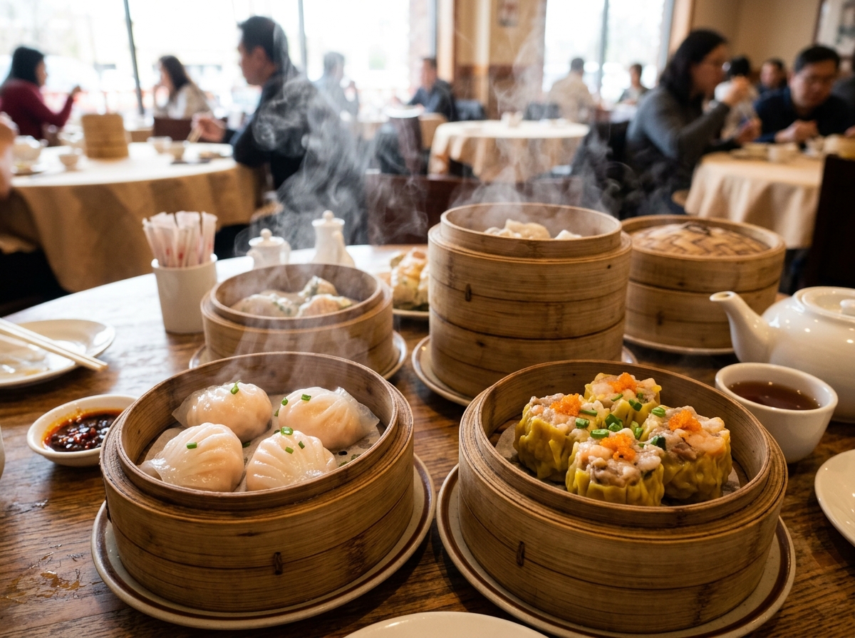 Har Gow and Siu Mai in bamboo steamers - dim sum Har Gow and Siu Mai in bamboo steamers - dim sum