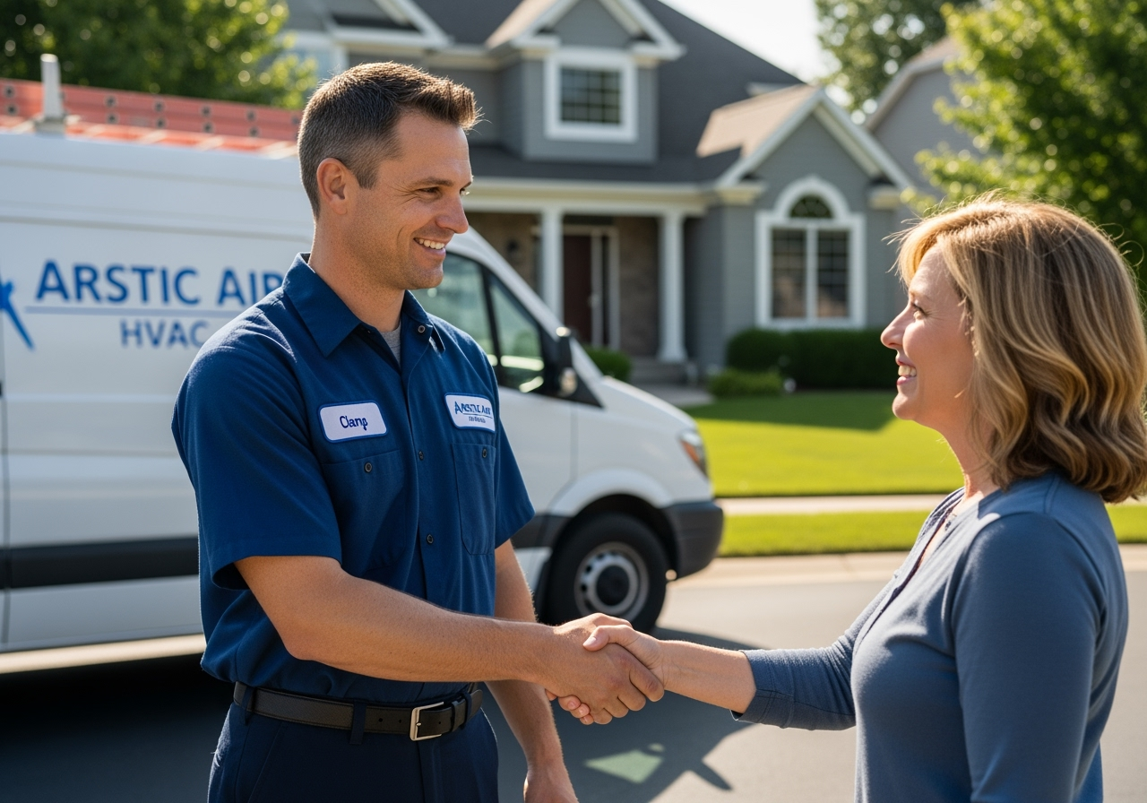 uniformed technician shaking hands with homeowner - ac repair lakeland fl