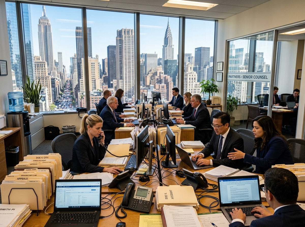 Busy law office in a major city representing high-competition legal markets - Exclusive attorney leads Office setting with legal professionals working at desks, using computers and phones, with a view of city skyscrapers, emphasizing collaboration and productivity in a law firm environment.