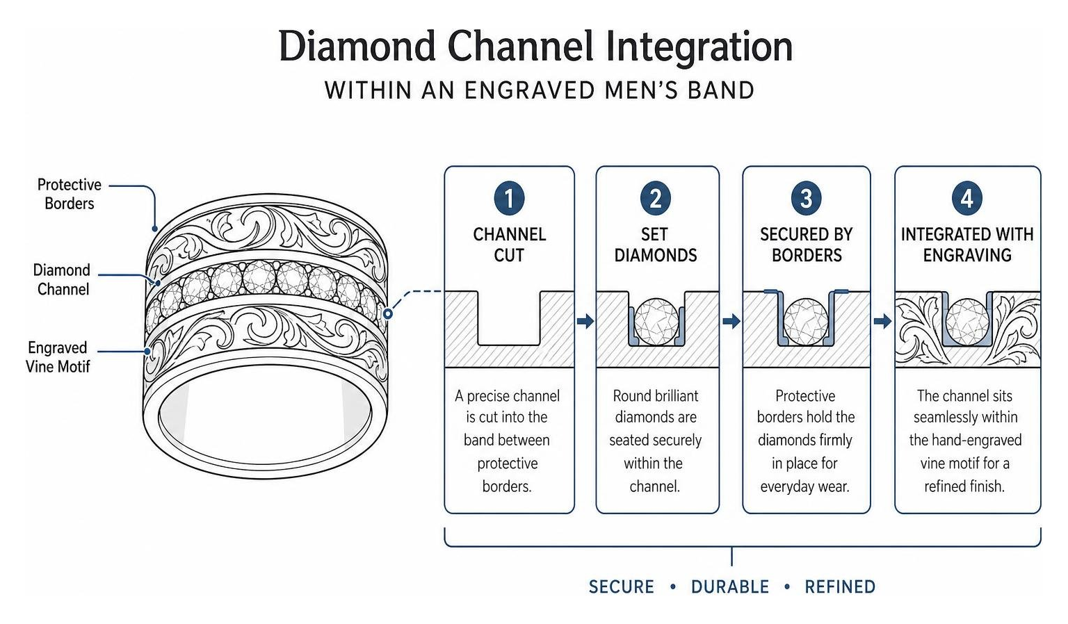 Diagram of diamond channel integration within an engraved men's band