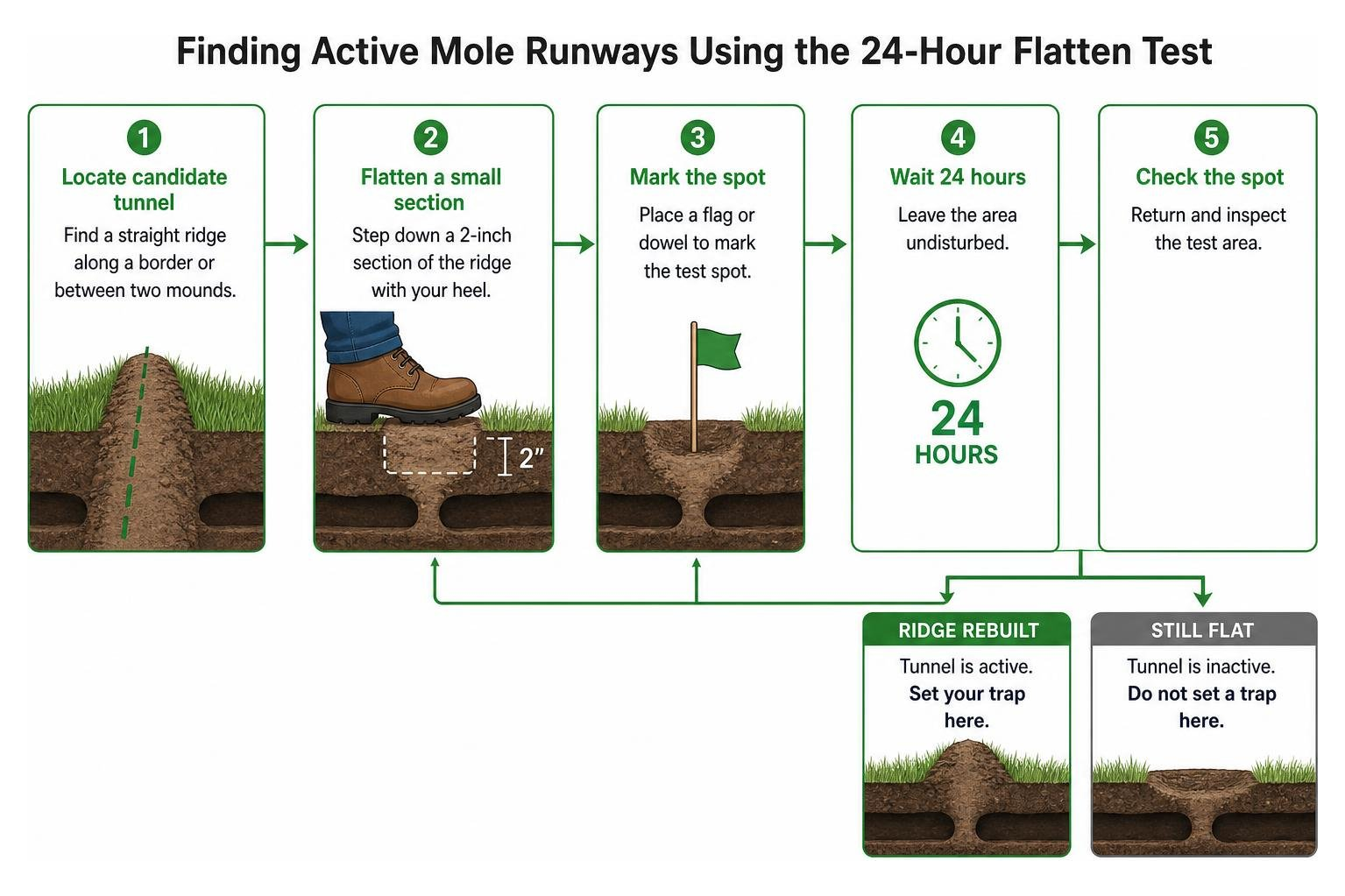 Diagram of finding active mole runways using the 24-hour flatten test